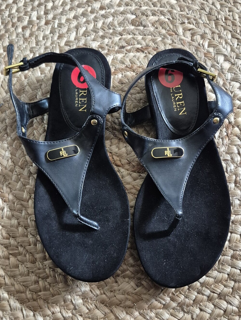 Ralph Lauren Black RL Logo Thong Sandals Sz.6